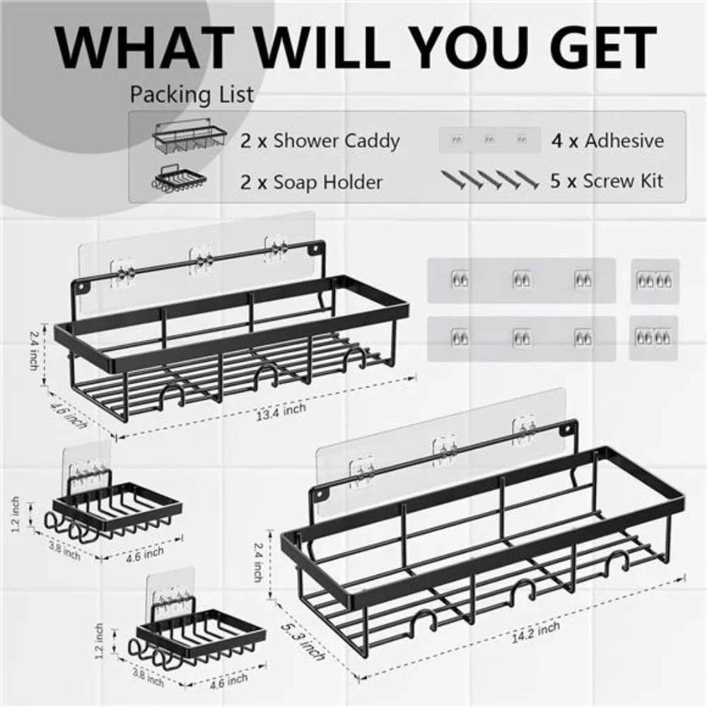 4 Pack Shower Caddy Organizer, Stainless Steel Shower Shelf with Hooks, Adhesive